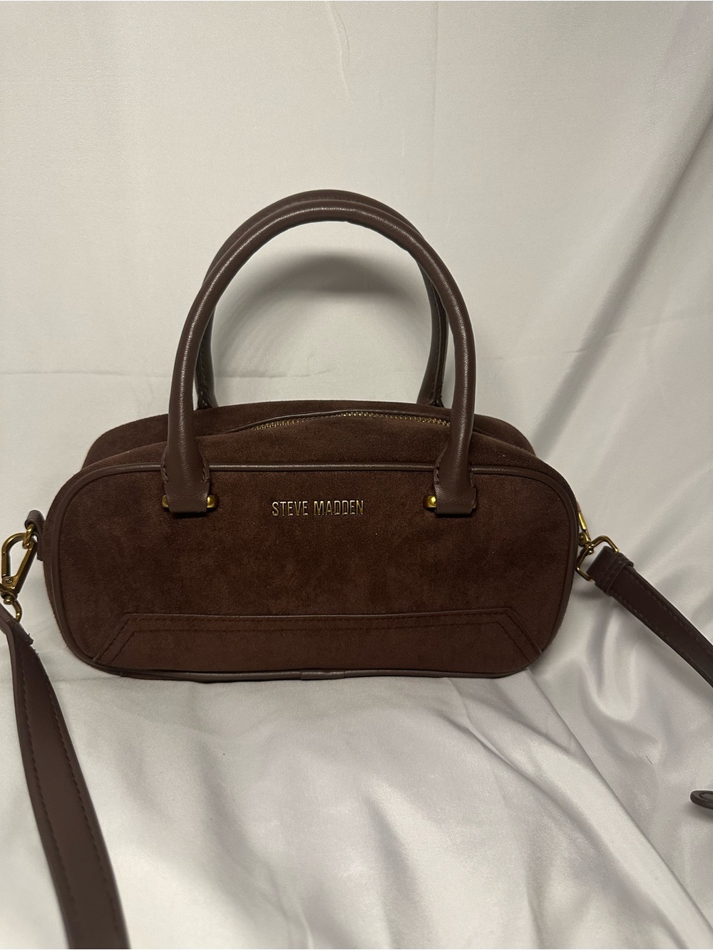 Steve Madden Dark Brown Suede Top-Handle Satchel with Crossbody Strap